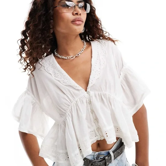 Free People White Eyelet Blouse - Picture 1 of 9